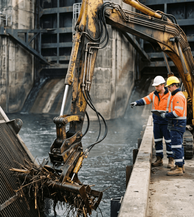 Kilgharrah 600 trash-rack cleaner operating at a hydropower intake