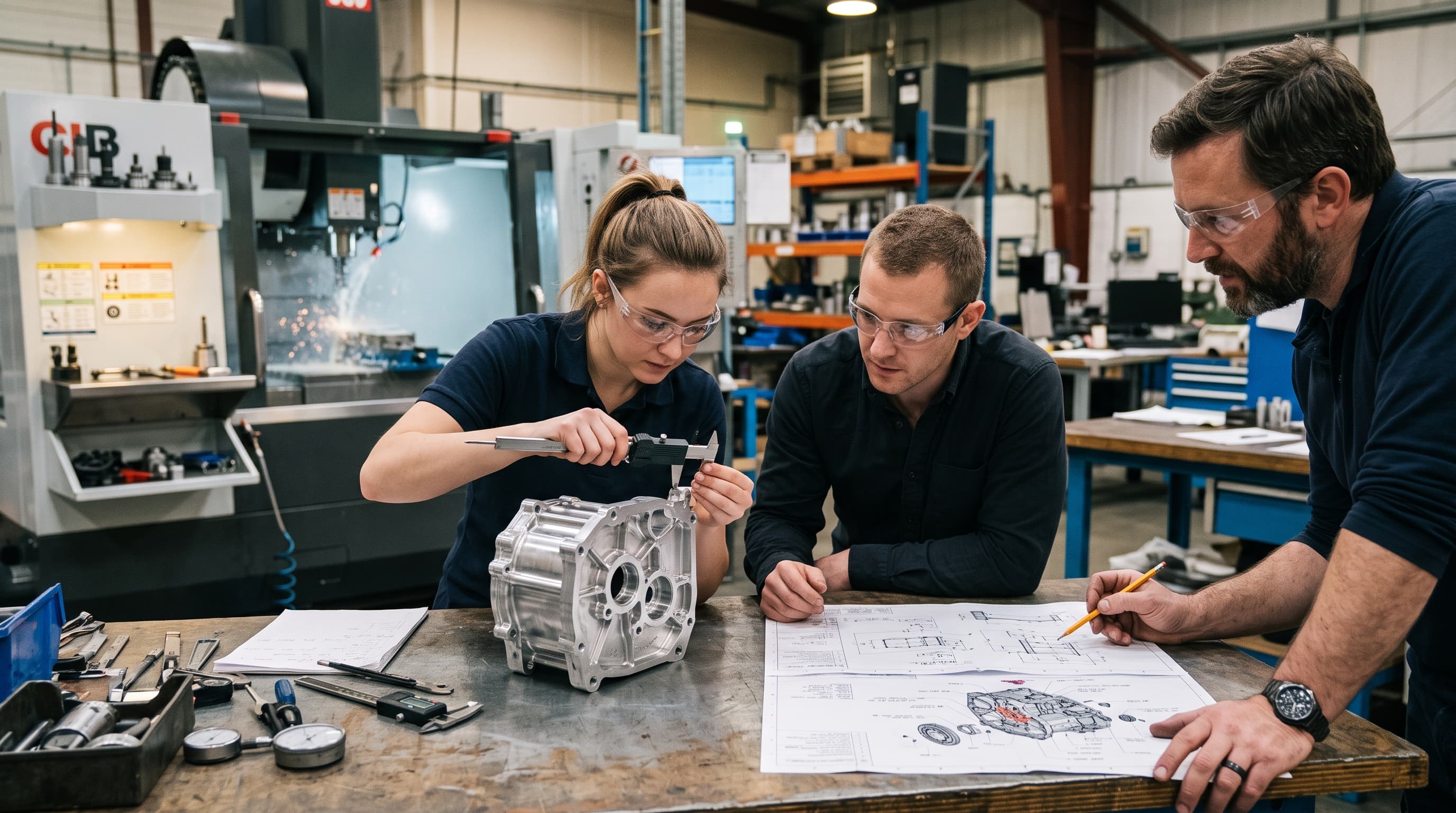 Engineers reviewing a manufactured housing against production drawings