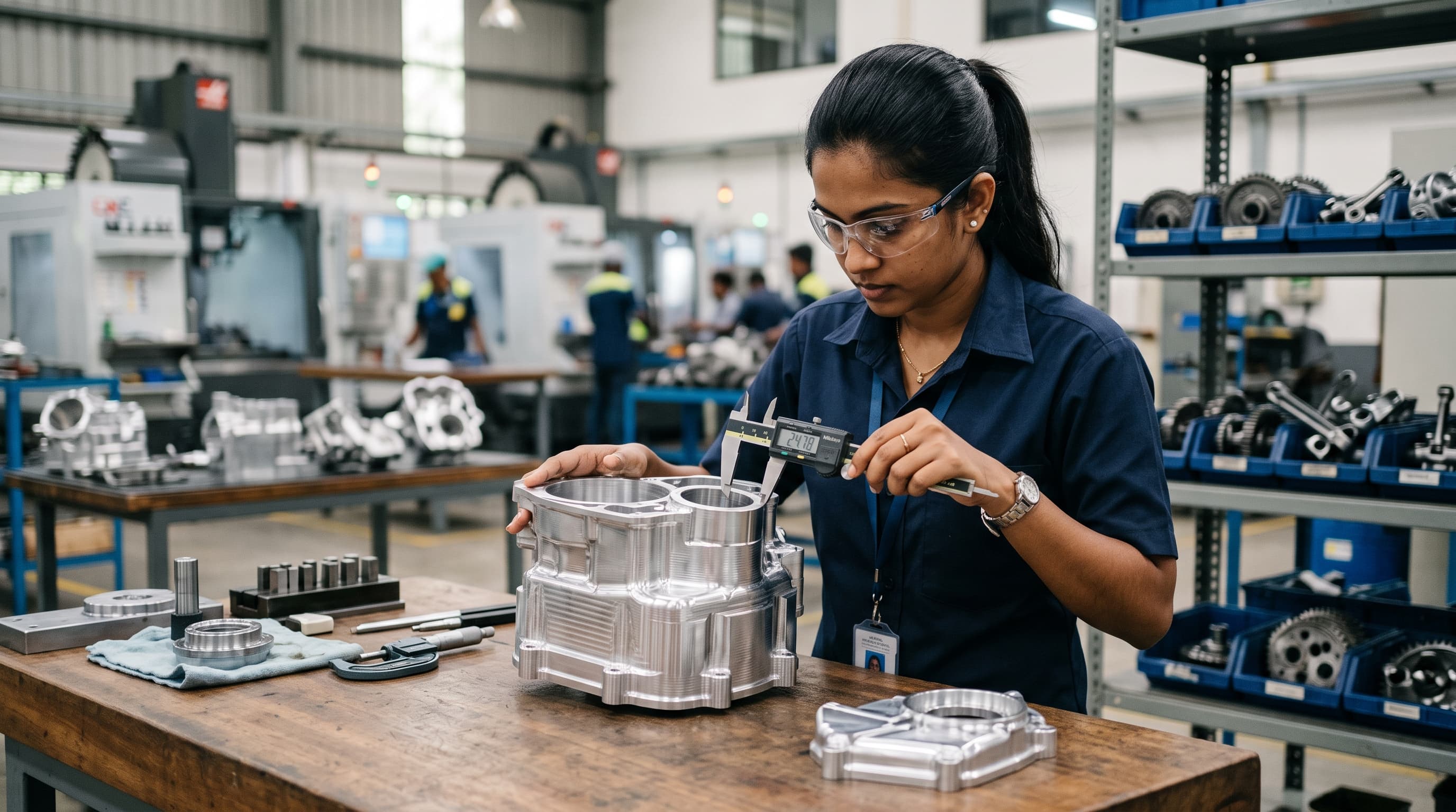 Engineer inspecting a machined metal component with a digital caliper