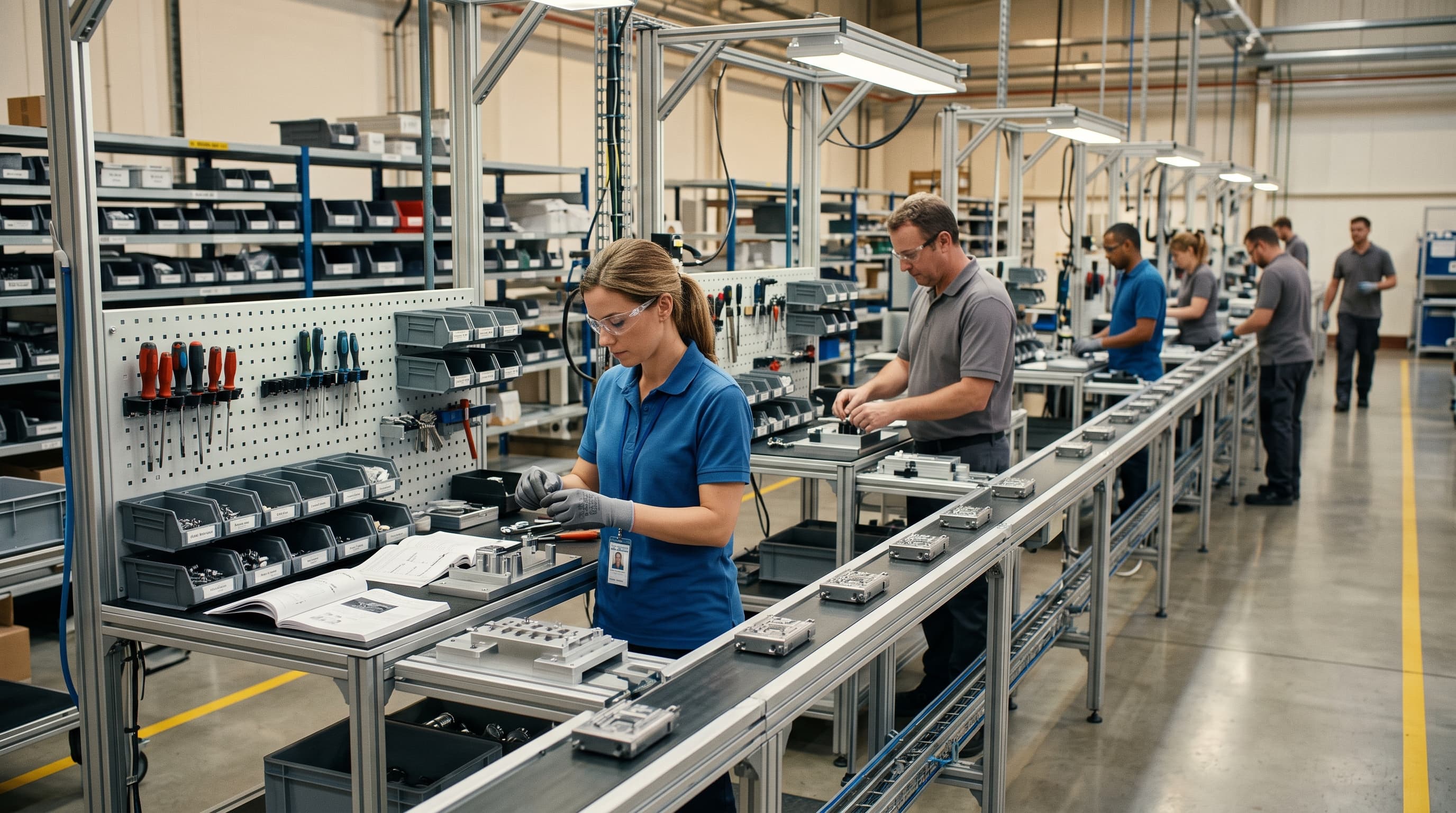 Operators working a lean production line with organized workstations