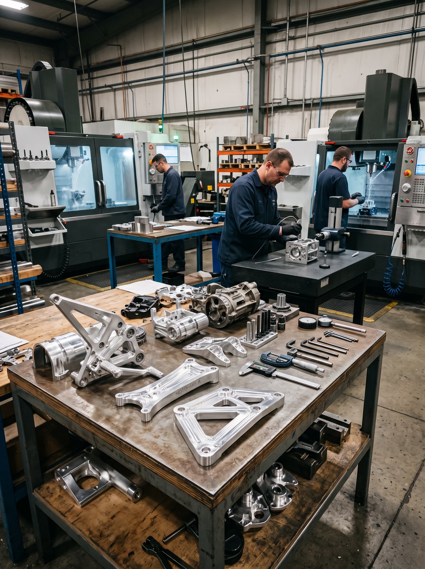 Precision motorcycle components on a workshop bench
