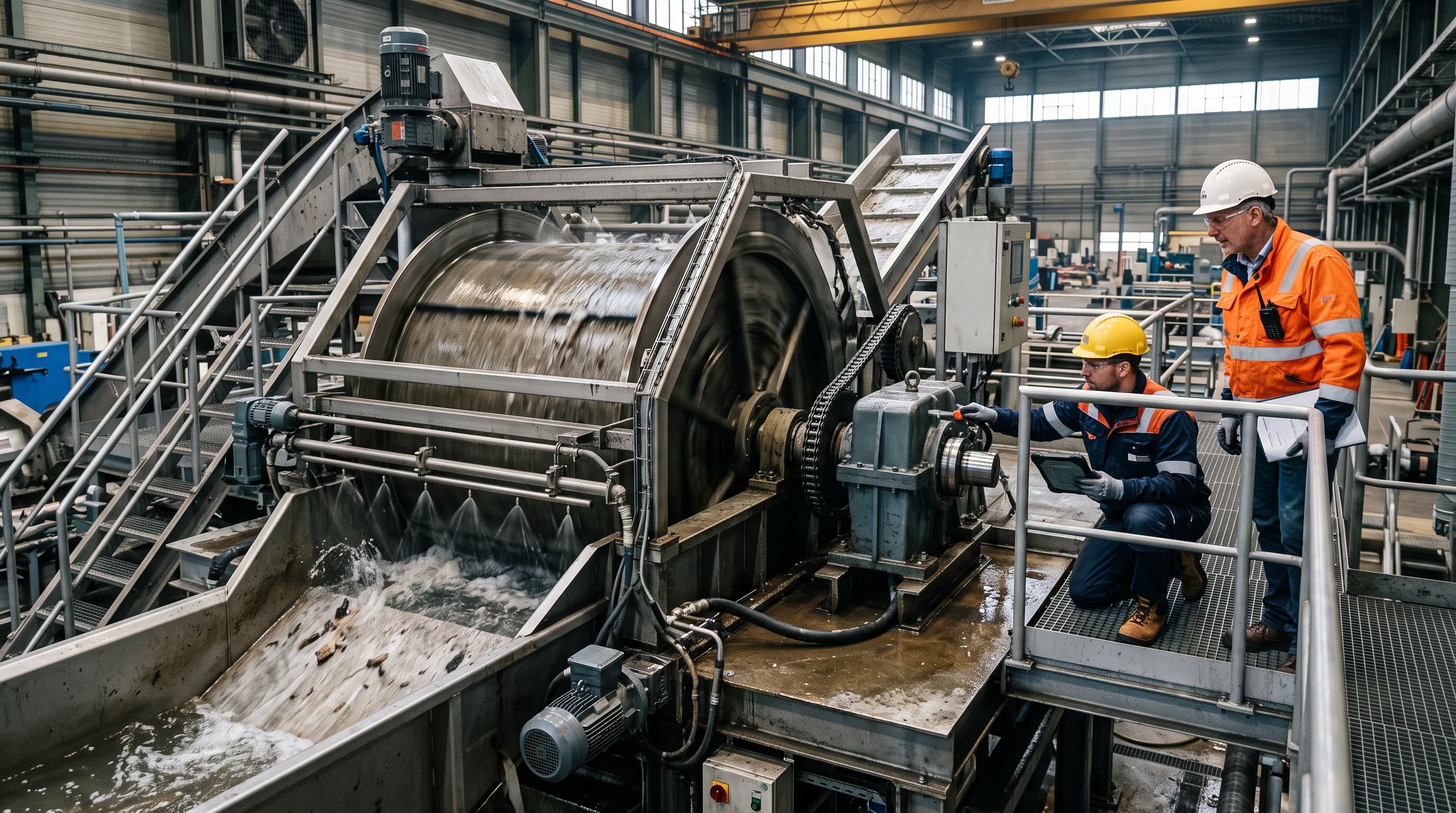 Engineers inspecting a custom industrial water-treatment machine
