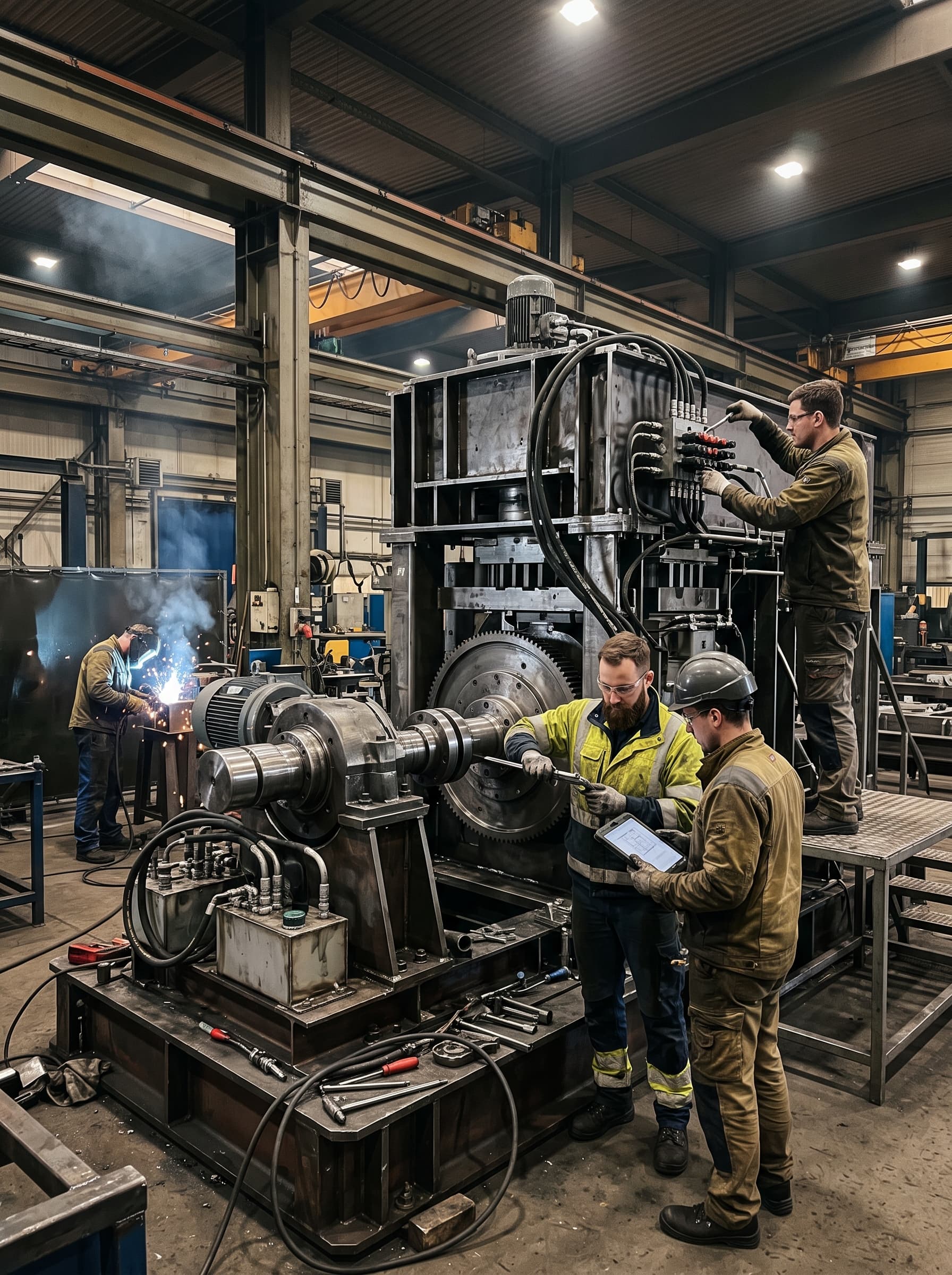 Engineers assembling custom industrial machinery