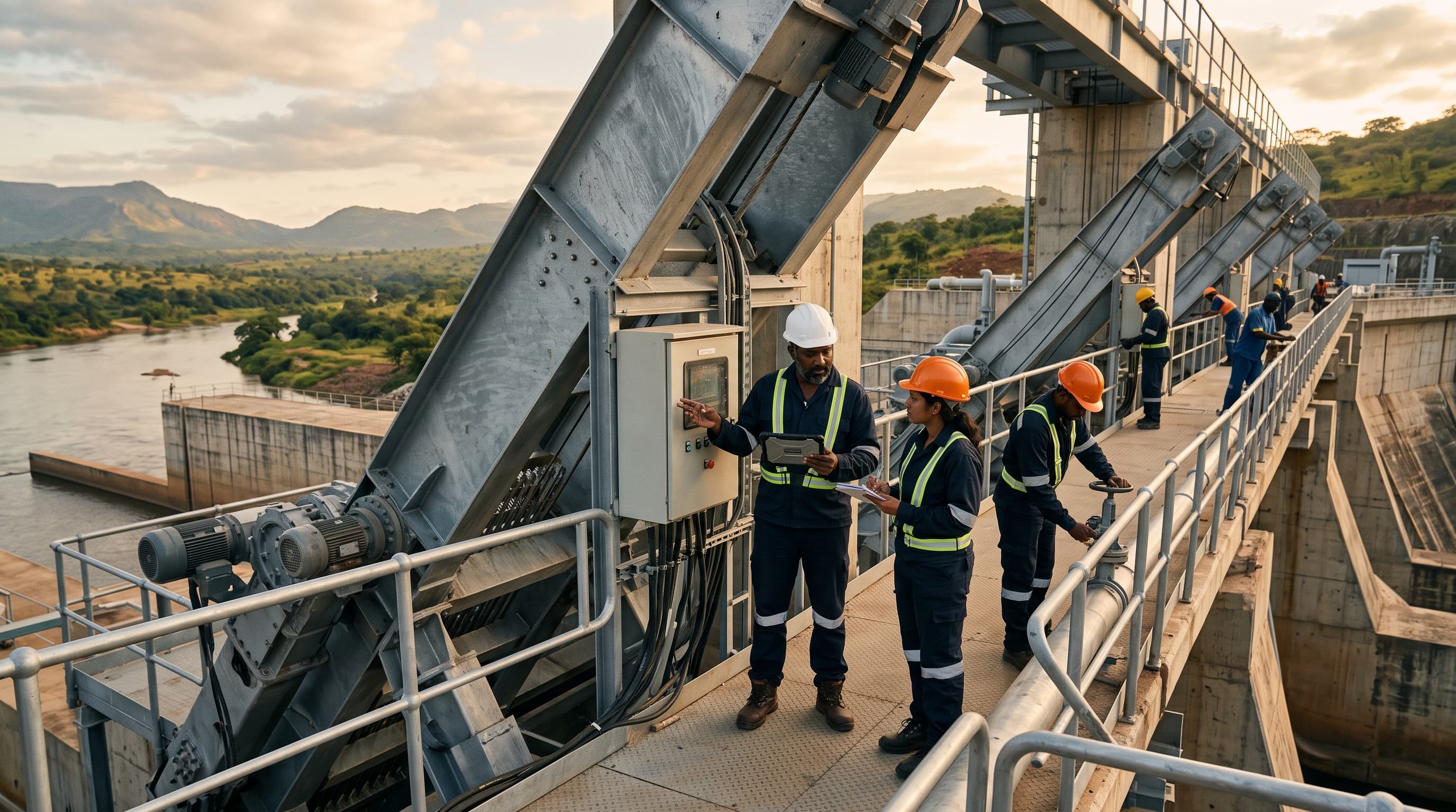 Engineers reviewing an installed system on site to understand its application