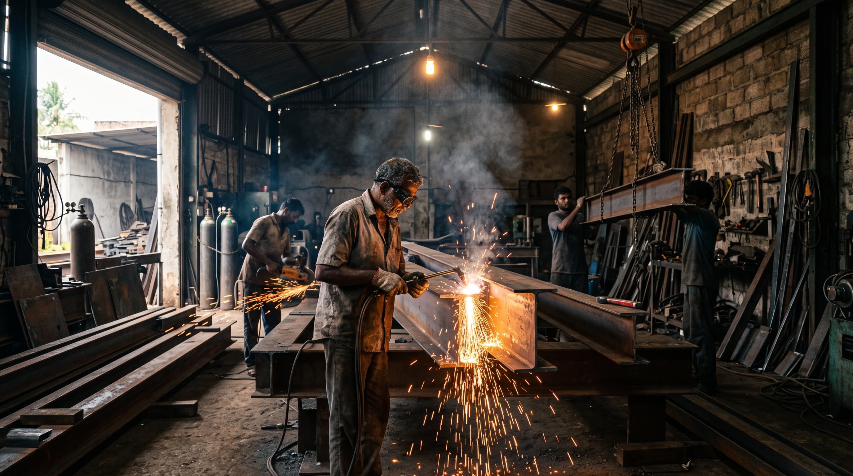 Fabricators welding steel assemblies in the Thimark workshop