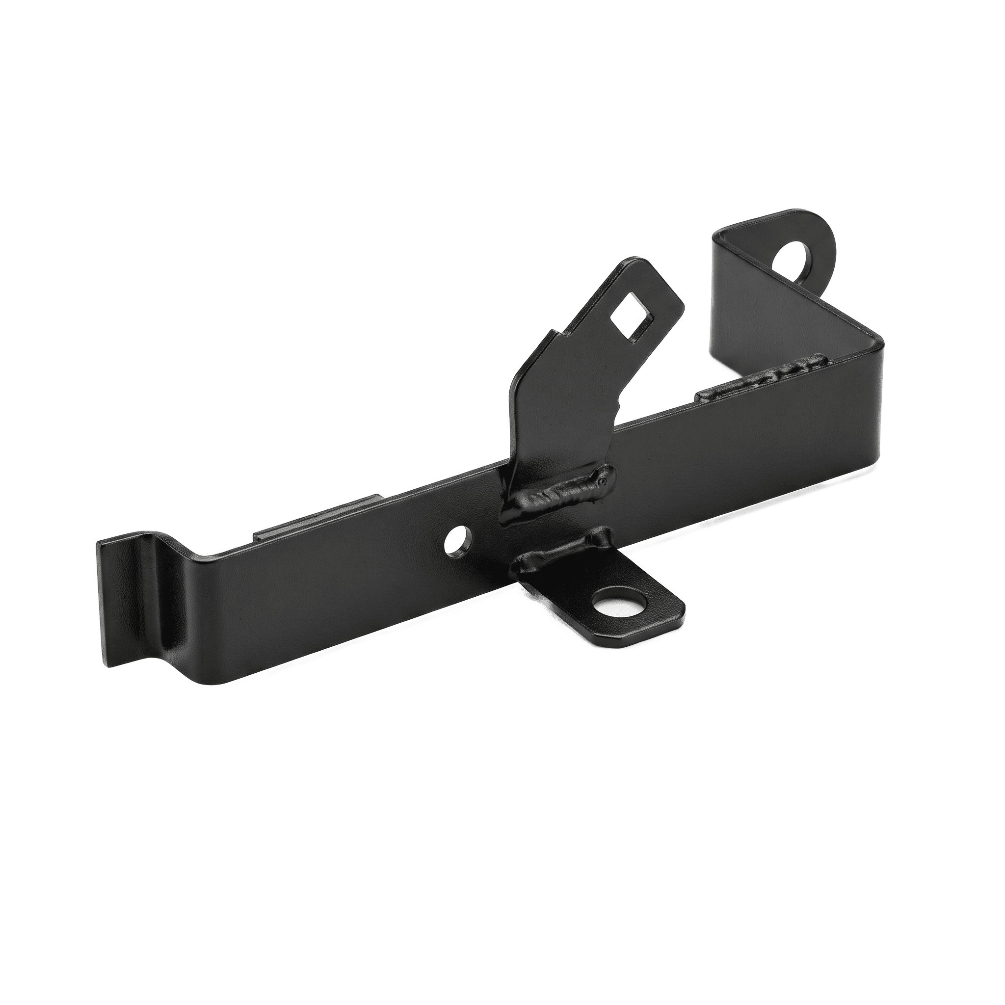 Welded steel motorcycle battery bracket with an even black coating, manufactured by Thimark