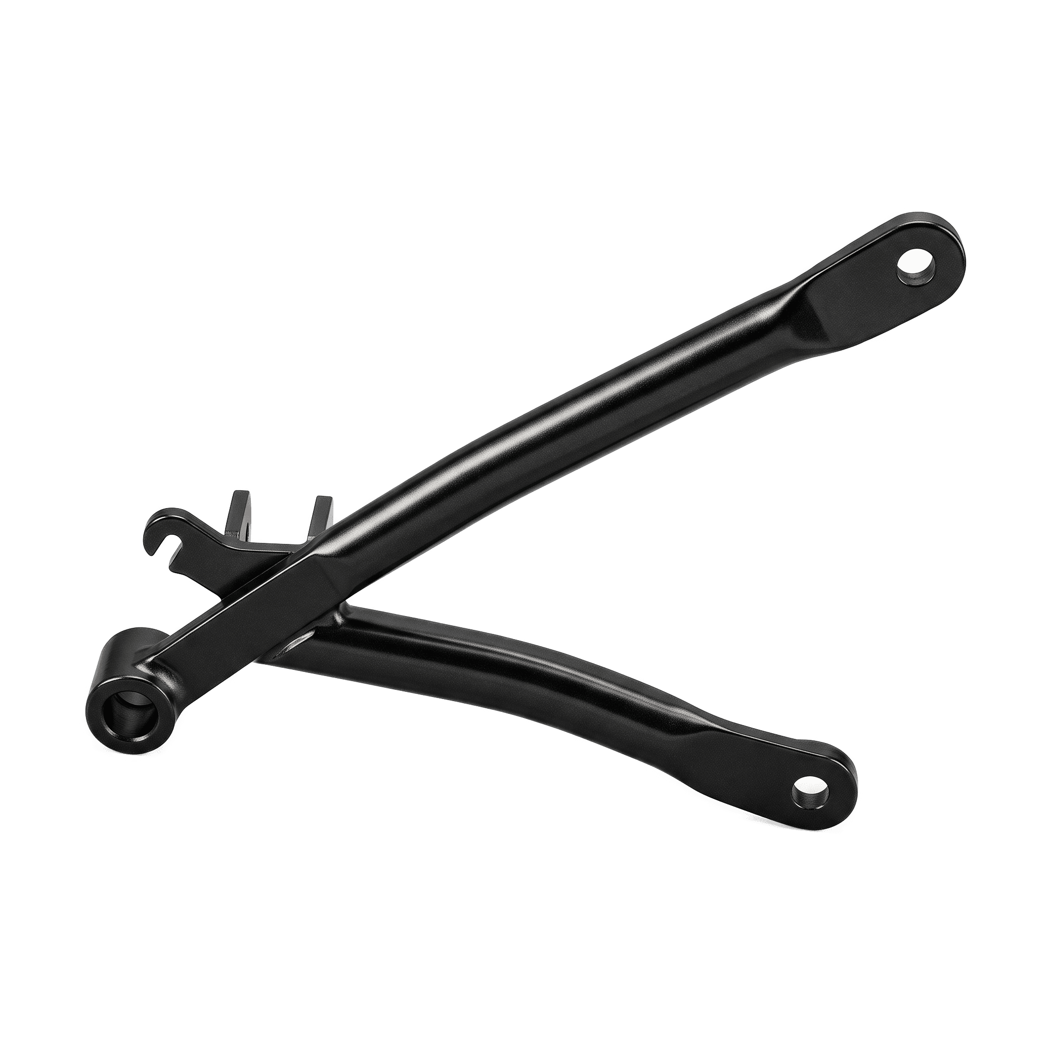 Formed steel motorcycle pillion bracket with a black finish, manufactured by Thimark